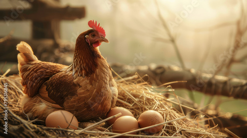 A hen lays eggs