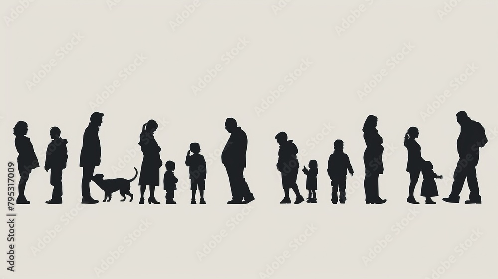 A line of diverse people, from children to elderly, standing in a queue, depicted as vector silhouettes against a minimalist background