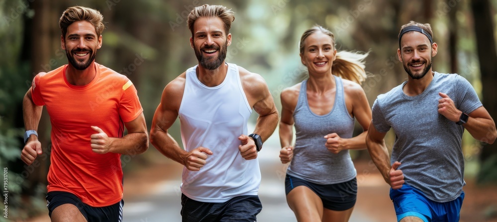 Obraz premium Group of cheerful friends in athletic wear running together at sunrise in scenic park setting