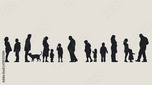 A line of diverse people  from children to elderly  standing in a queue  depicted as vector silhouettes against a minimalist background