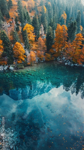 Aerial Drone view of colorful top of the forest and fall lake