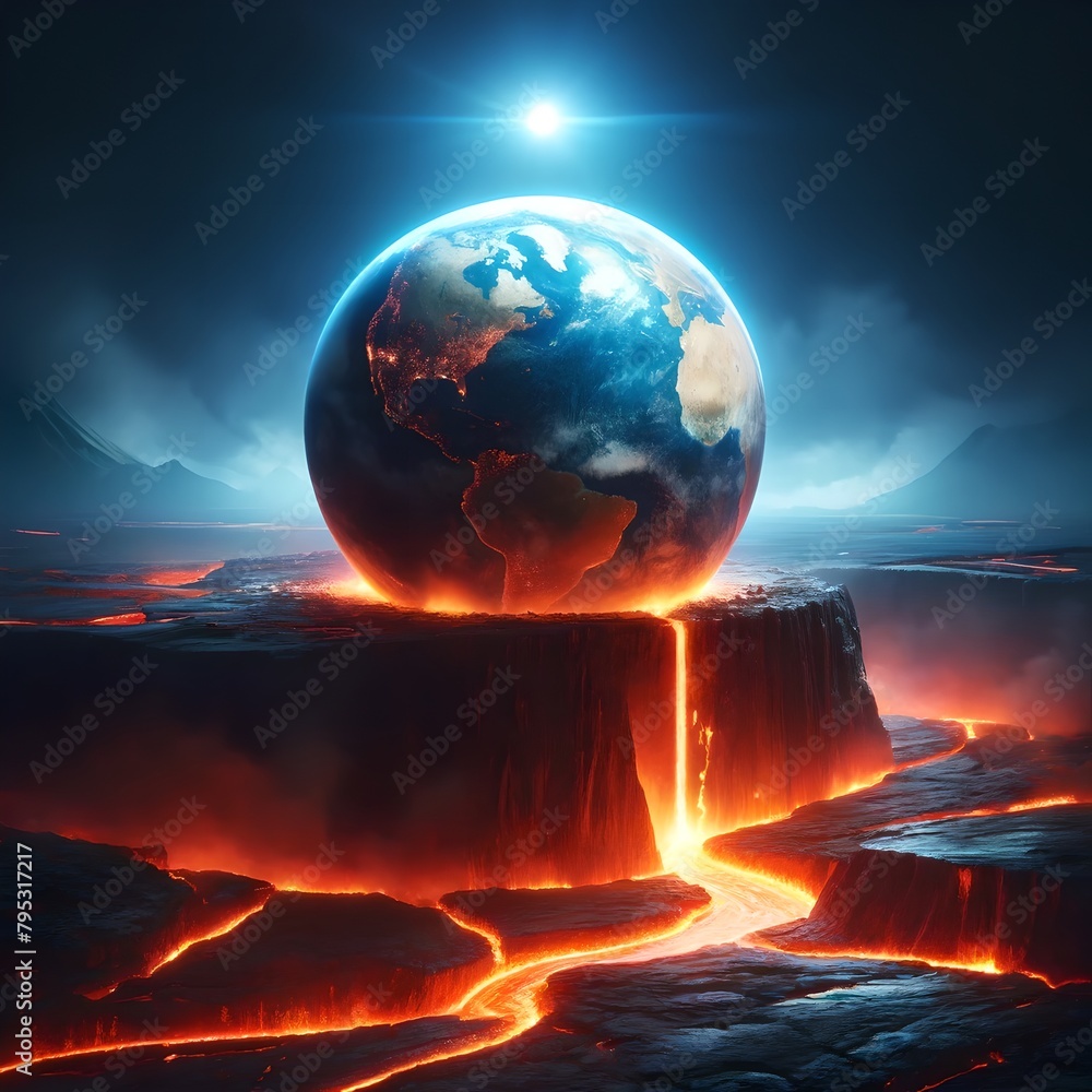 Earth Globe on Cliff Above Flowing Lava Earth Globe on Cliff Above Flowing Lava
