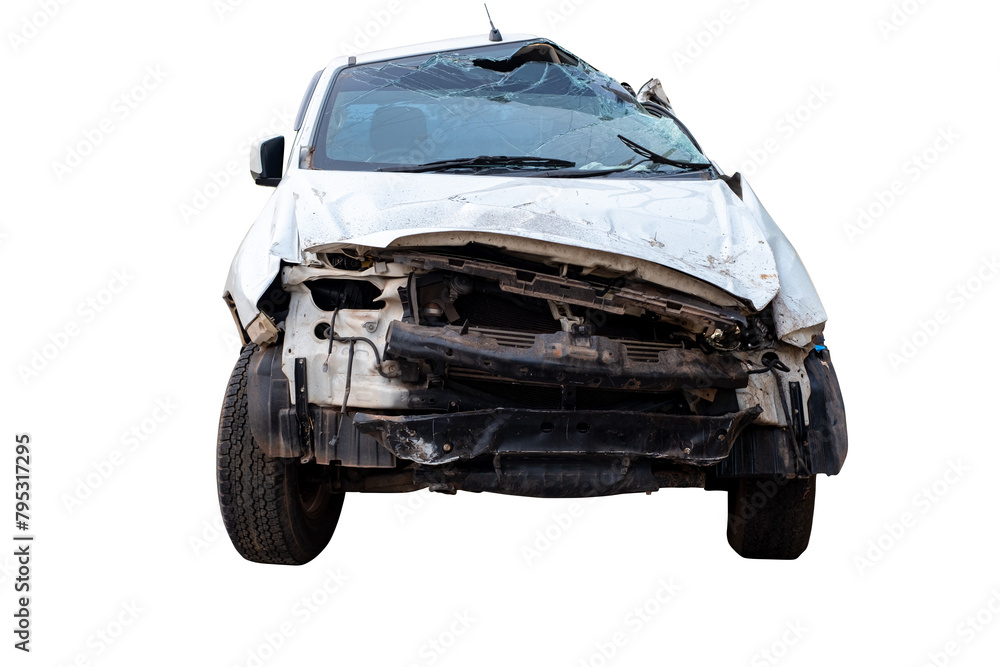 Front view of white pickup car get damaged by accident on the road. damaged cars after collision. isolated on transparent background, car crash bumper on the road, broken car, PNG File Front view of white pickup car get damaged by accident on the road. damaged cars after collision. isolated on transparent background, car crash bumper on the road, broken car, PNG File
