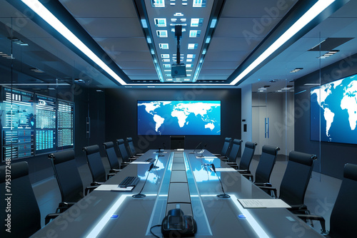 A conference room where AI algorithms analyze speech patterns to detect and prevent interruptions during meetings.