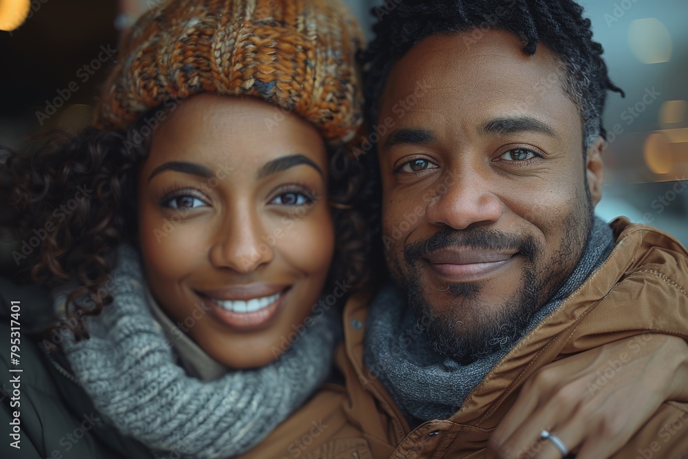 A stylish black couple sharing a tender moment, warmly dressed against an indoor blurred background A stylish black couple sharing a tender moment, warmly dressed against an indoor blurred background