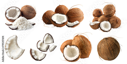 Coconut coconut fruit, many angles and view side top front group sliced halved cut isolated on transparent background cutout, PNG file. Mockup template for artwork graphic design