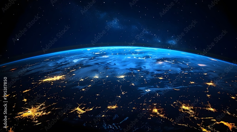 Obraz premium Our planet's delicate horizon, a serene blend of Earth's blue with the vast, deep cosmos, unfolds.