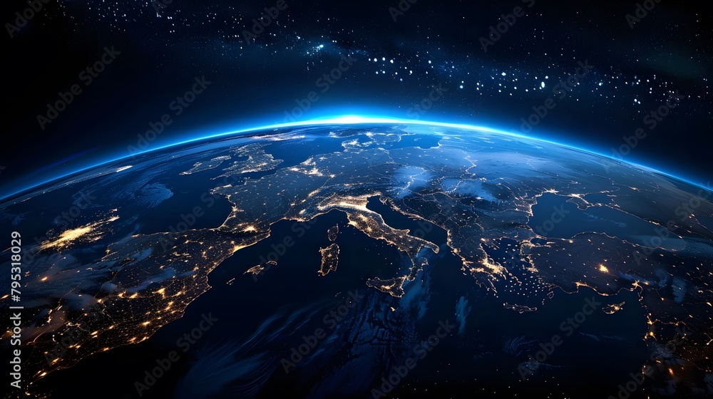 Fototapeta premium Our planet's delicate horizon, a serene blend of Earth's blue with the vast, deep cosmos, unfolds.