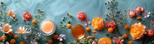 3d render of a blue textured background with flowers and open jars of orange and yellow liquids
