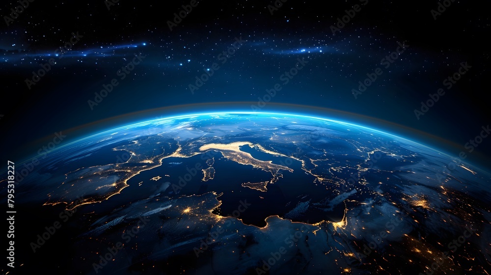 Fototapeta premium Our planet's delicate horizon, a serene blend of Earth's blue with the vast, deep cosmos, unfolds.