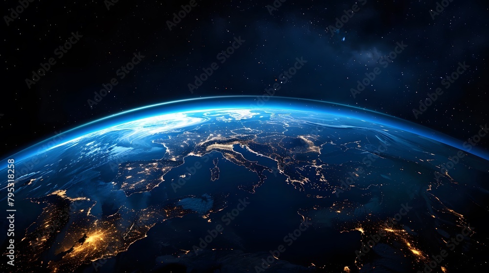 Fototapeta premium Our planet's delicate horizon, a serene blend of Earth's blue with the vast, deep cosmos, unfolds.