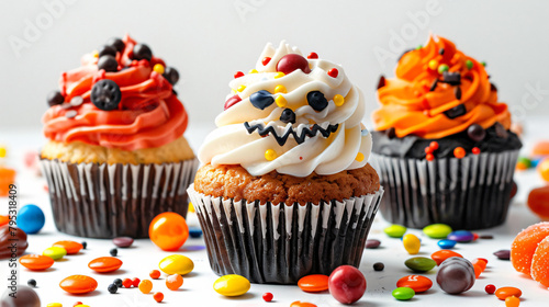 Different delicious Halloween cupcakes with candies on