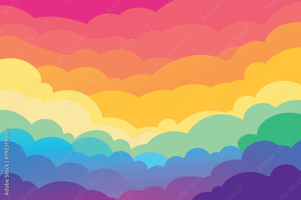 Colorful watercolor background of abstract sunset sky with puffy clouds in bright rainbow colors of pink green blue yellow and purple vector