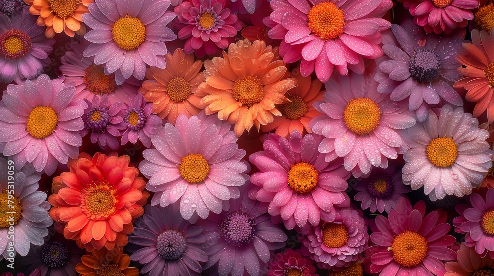 A field of flowers with raindrops on the petals. A field of flowers with raindrops on the petals.