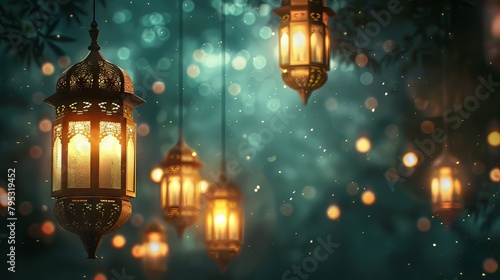 Arabic lanterns against a night sky background, illuminating the start of Ramadan