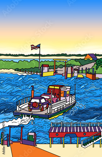 Colorful Hand Drawn Illustration of a Ferry Transporting  Tourists and Cars from Edgartown to Chappaquiddick Island,  Chappy Happy Martha's Vineyard USA Summer Time