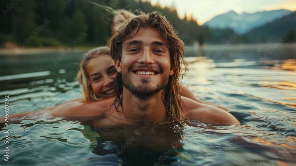 Couple having fun in open water Couple having fun in open water