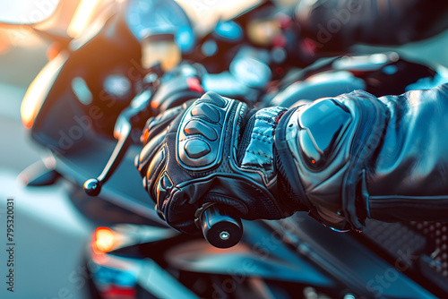 A close-up of a rider's gloved hand gripping the throttle of a super sport motorcycle, ready to accelerate