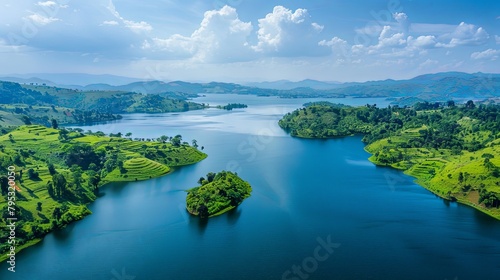 A drone aerial view of a large and expansive lake surrounded by lush greenery and rolling hills, showcasing the beauty and grandeur of nature's inland waterways. photo