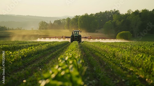 A farm worker driving a tractor-mounted sprayer through a field, applying pesticides or fertilizers to protect crops and promote growth.