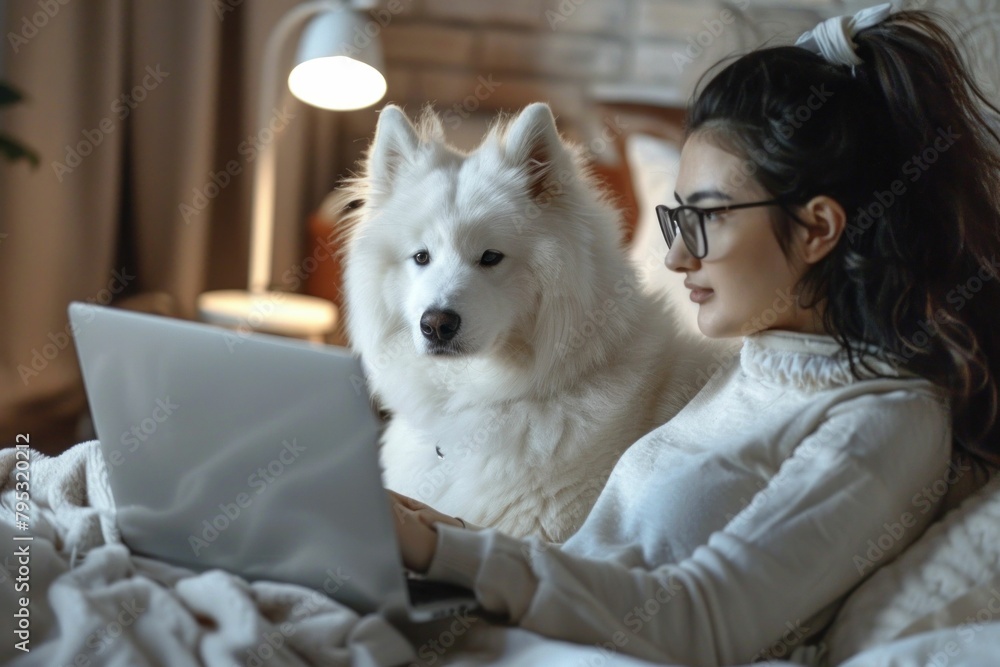 A woman with glasses sitting on a bed with a white dog, using a laptop computer