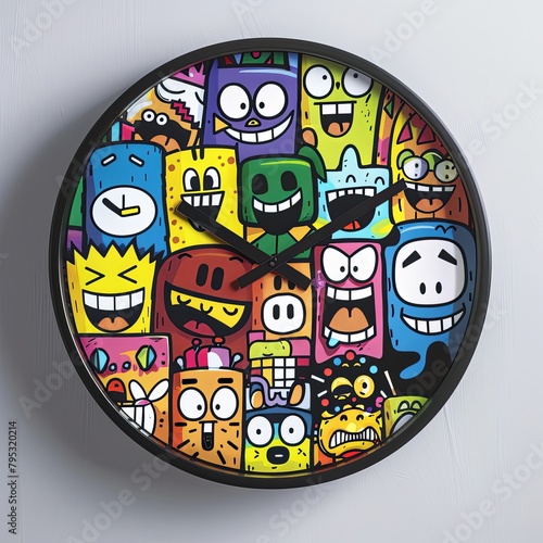 A clock with a lot of colorful cartoon characters on it.