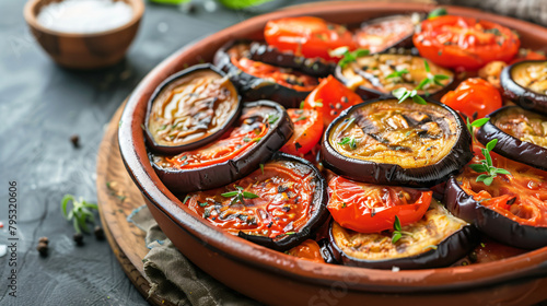 Dish of tasty baked eggplant and tomatoes closeup