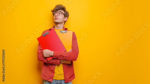 Estudante com livros no fundo amarelo