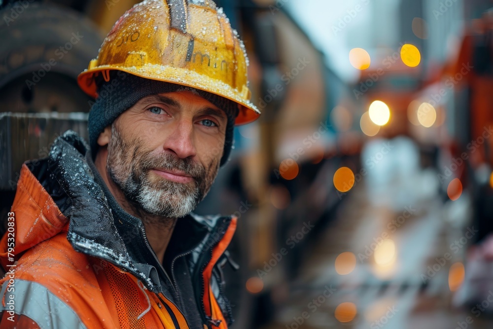 A smiling construction worker wearing a wet safety helmet and jacket during a rainy day on site A smiling construction worker wearing a wet safety helmet and jacket during a rainy day on site