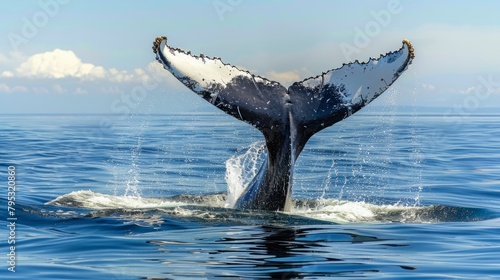 Humpback whales perform tail swings in the Pacific Ocean in a display of incredible strength and grace. This behavior is also known as tail slapping or tail hanging. © Saowanee