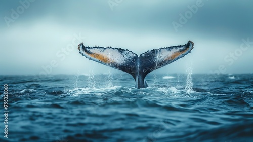 Humpback whales perform tail swings in the Pacific Ocean in a display of incredible strength and grace. This behavior is also known as tail slapping or tail hanging. photo