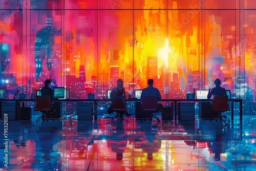 An illustration of people working in an office at sunset.