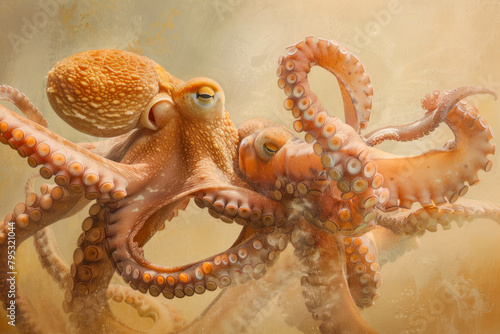 Two smaller octopuses engage in a playful game.