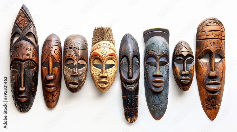 A row of masks with different colors and designs. The masks are arranged in a line, with some of them being closer to the front and others further back. The variety of colors