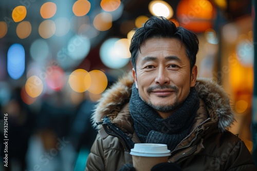 A charming man in winter attire holding a coffee cup, with warm bokeh lights surrounding him photo