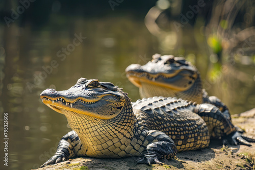 Two alligators bask on a sunlit riverbank.