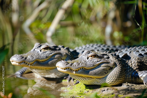 Two alligators bask on a sunlit riverbank.