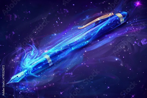 whimsical magical pen with glowing blue ink and swirling sparkles digital painting