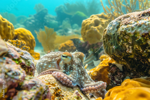 An octopus camouflages itself among the rocks and coral. photo