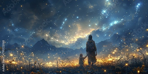 Capturing ethereal beauty, a mother and child, celestial beings, adorn the night sky with love-filled stars and constellations, in a Mother's Day tribute.