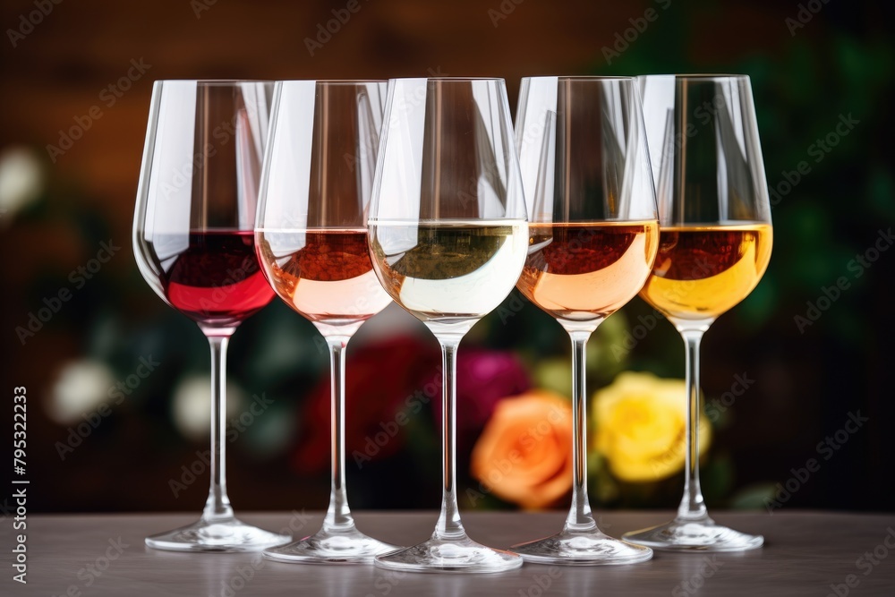 Selection of wines in a row of glasses, showcasing a variety of colors and tastes for wine tasting. Row of Wine Glasses with Different Varietals