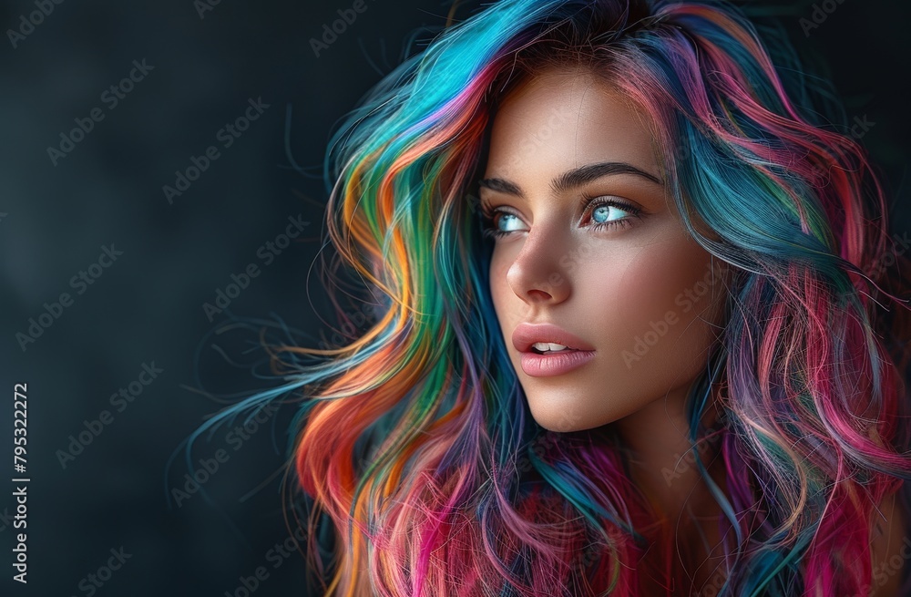 Stunning portrait of a woman with vivid rainbow-colored hair and captivating blue eyes with a depth of expression Stunning portrait of a woman with vivid rainbow-colored hair and captivating blue eyes with a depth of expression