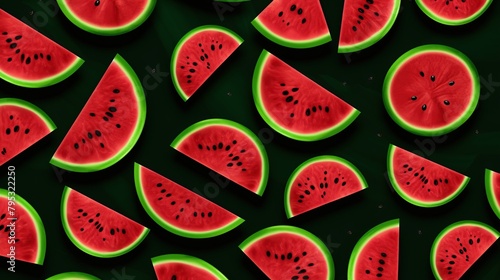 Fresh slices watermelon seamless pattern on dark green background.