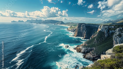 A panoramic view of a vast and open ocean, with waves crashing against rugged coastal cliffs and distant islands dotting the horizon, illustrating the grandeur of the wide sea. photo
