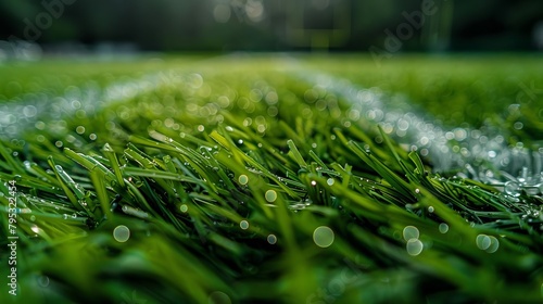 A macro shot of football turf with morning dew on the blades of grass