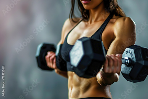 Focused fit woman working out with dumbbells against a concrete backdrop