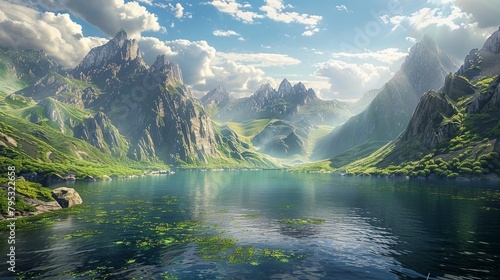 A panoramic vista of a wide and expansive lake nestled among towering mountains, with sunlight dappling the water's surface and creating a picturesque scene of natural beauty photo