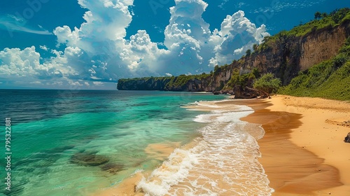 A picturesque coastal landscape with golden sands stretching along the shoreline and pristine waters shimmering in the sunlight, framed by lush vegetation and dramatic cliffs