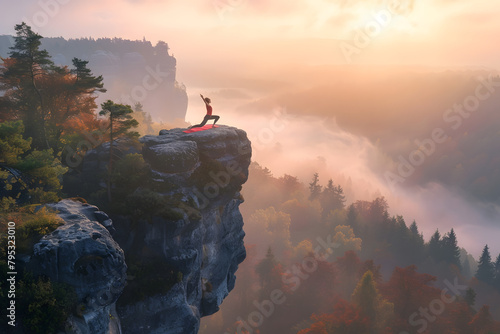 An early morning yoga practice on a cliff overlooking a misty forest valley, with the warm glow of dawn in the background