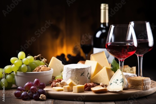 Deluxe cheese board with wine, assorted cheeses, grapes, and nuts set before a cozy fireplace. Elegant Cheese and Wine Tasting Spread